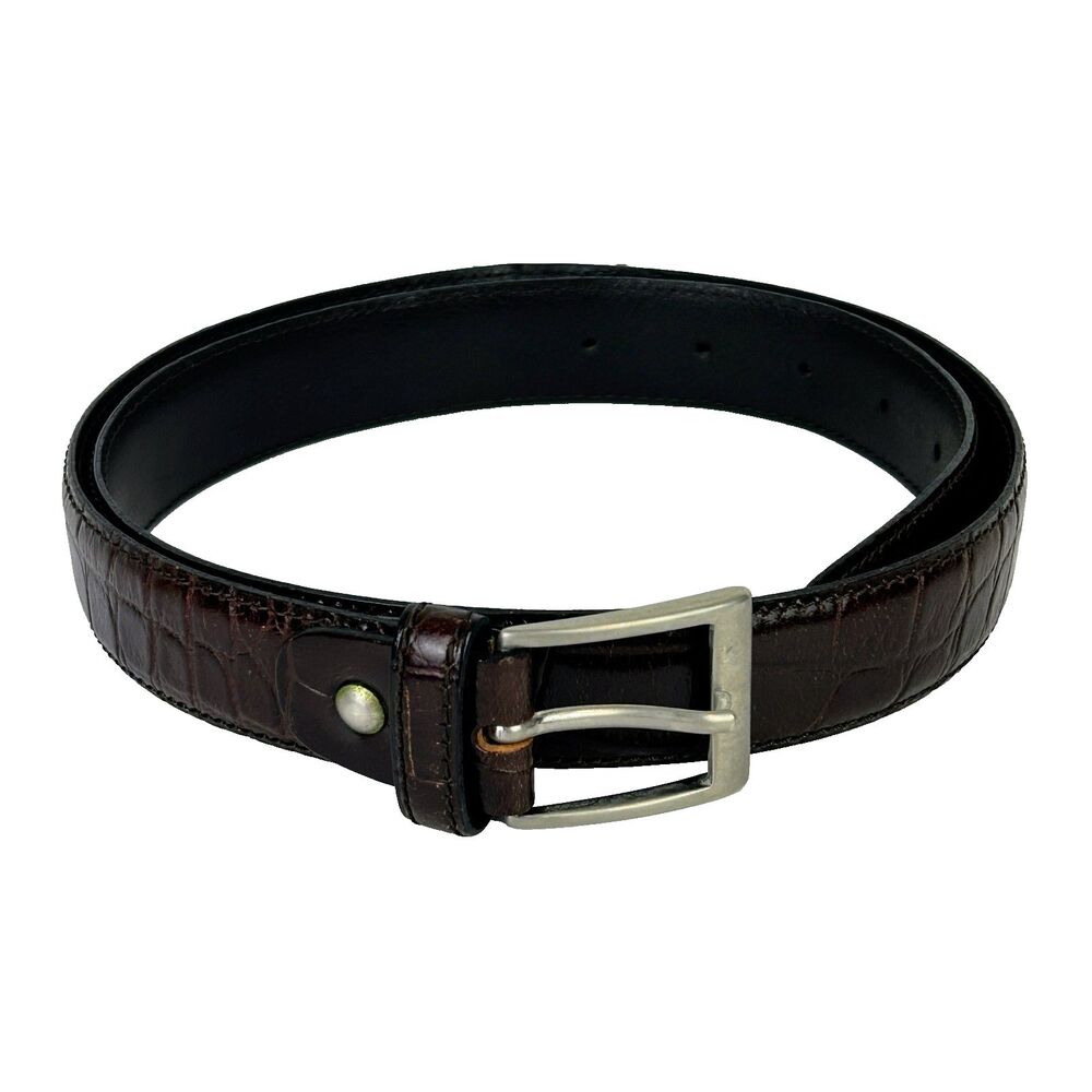 Vera Pelle Brown Croc Embossed Leather Belt w/ Buckle Italian Luxury 32 - 36"